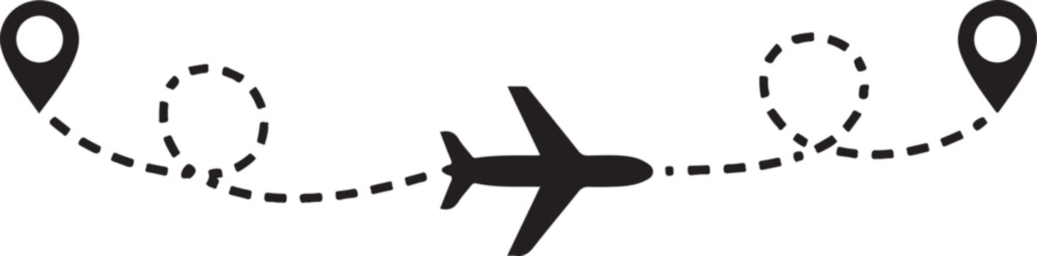 Airplane flying between two locations with a dotted path