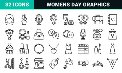 Naklejka premium International Womens Day Monoline Outline Symbols Featuring Feminine Care Lifestyle Fashion and Celebration Elements in Minimalist Style