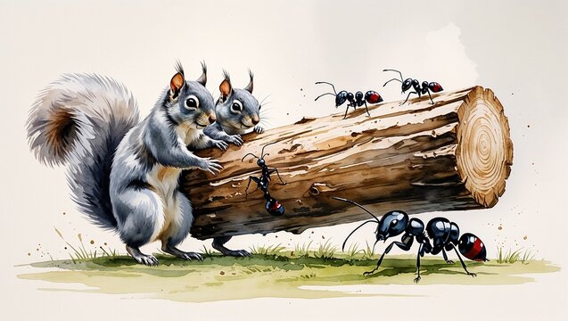 Two squirrels and ants on fallen tree trunk as woodland cooperation and animal teamwork concept in watercolor illustration