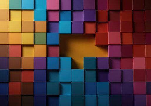 Identical colorful square blocks arranged in a neat repeating pattern, featuring an intentional missing tile creating a noticeable blank space, problem, idea, object