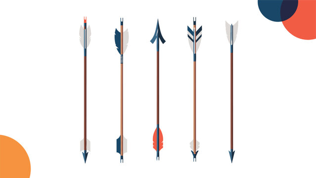 Selection of five traditional wooden arrows with various feather fletching and sharp tips is arranged vertically.