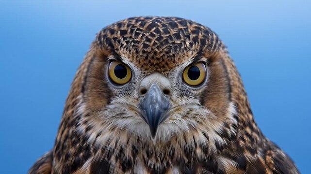 Close up of a bird with detailed feathers and sharp gaze against blue