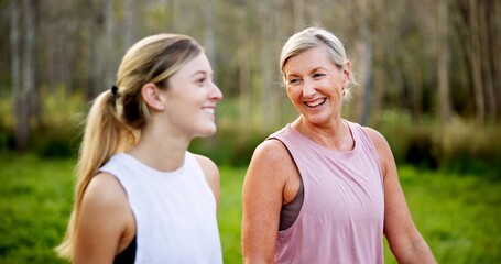 Mother, daughter or talking in forest with hiking for fitness adventure, sightseeing or explore...