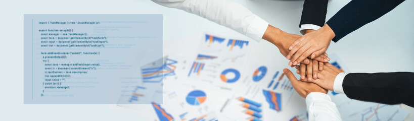 A group of diverse professionals collaborating in a corporate setting, symbolizing teamwork with...