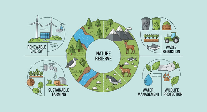 Comprehensive infographic illustrating a circular economy model with sustainable practices: renewable energy, nature reserve, waste reduction, farming, water management, wildlife protection.