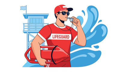 Guardian of the Shore: A vigilant lifeguard, clad in vibrant red, stands ready with a rescue buoy and whistle, overseeing the water, epitomizing safety and preparedness. © Murshida