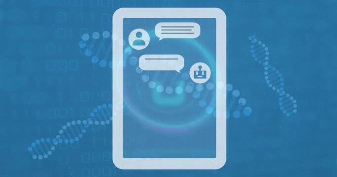 Animation of message and icons over digital tablet against dna helixes on binary codes