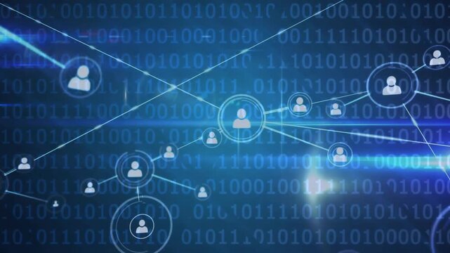 Animation of network of connections with icons over binary coding