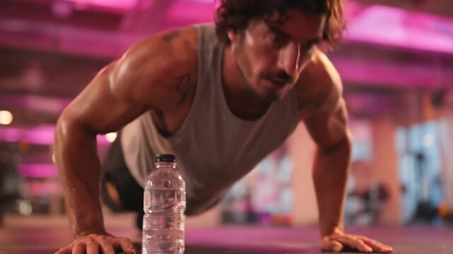 A man doing push-ups in the gym with a water bottle on his chest, under pink lighting.