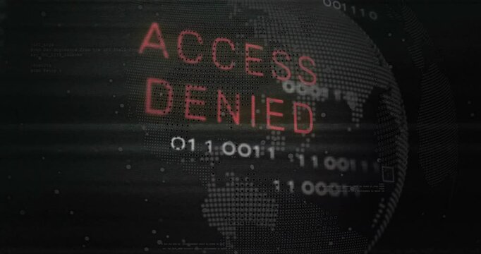 Animation of access denied text over processing data on black interface screen