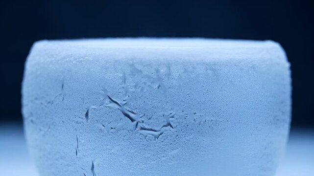 Close up of a clear ice block with bubbles against dark background
