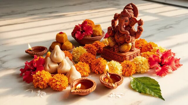 Ganesh Idol Adorned With Marigold Flowers Modak Sweets and Diya Lamps on Marble Surface Bathed in Warm Sunlight Ideal for Religious Celebrations