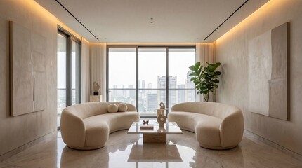 Fototapeta premium Bright living room with curved sofas facing each other, a marble table, artwork, and a city view through large windows.