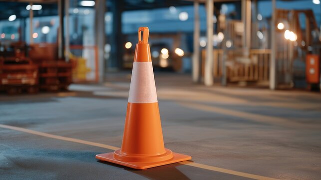 Empty loading dock safety training area at blue hour, single bright orange cone beside painted floor markings, industrial warning signs glowing under security lights, perfect for workplace hazard