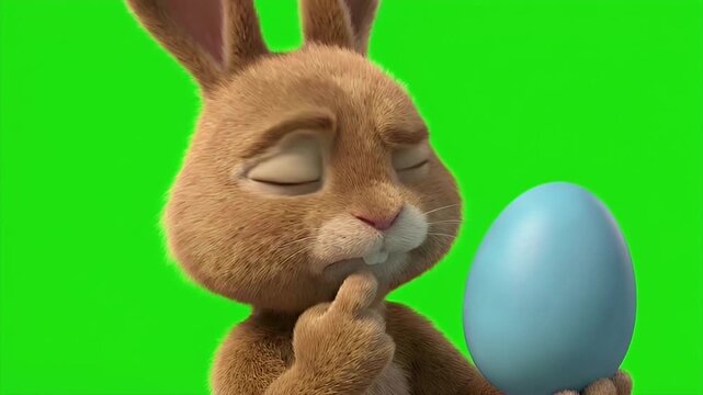 Curious 3D Brown Bunny Giving a Suspicious Side Eye While Inspecting a Blue Easter Egg on Green Screen 4K