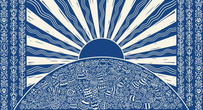 Easter sunrise illustration with blue and white hues decorative border and intricate patterns on a half sphere