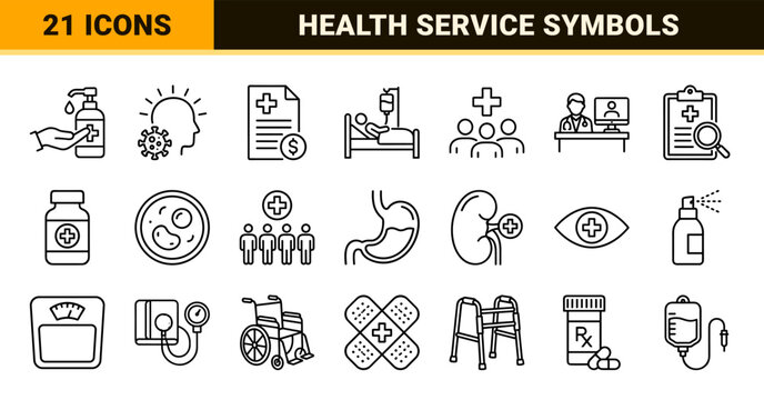 Medical Services and Healthcare Management Monoline Outline Symbols for Telemedicine Platforms and Hospital Information Systems User Interfaces