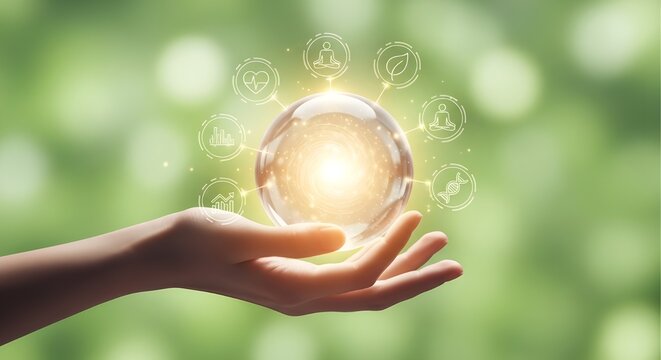 Concepto de bienestar y longevidad.
 Una mano sostiene una representaci&oacute;n digital de &iacute;conos de bienestar y longevidad, que simbolizan la integraci&oacute;n de la salud, la naturaleza y el bienestar a largo p