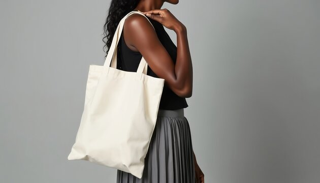 Black woman holds simple canvas tote bag over shoulder. She wears black top and grey skirt. Minimalist accessory for shopping or daily use. Eco friendly bag. Neutral studio background.