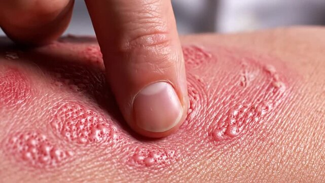 Skin Condition Showing Redness and Blisters Close Up.
