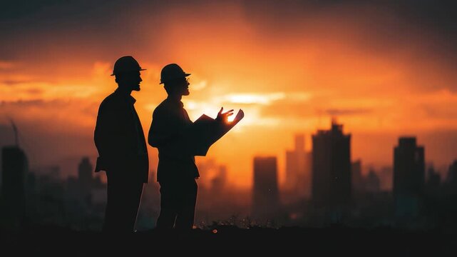 Architects at Sunset: Silhouetted against a fiery sunset, two architects review plans, overseeing the cityscape. Capturing vision, innovation, and urban development.