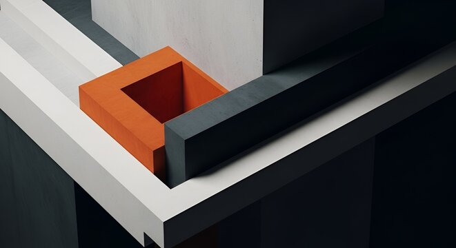 3D rendering of modern architectural corner detail with orange and gray blocks