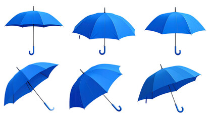 Obraz premium Blue umbrella opening sequence from closed and folded to half open and fully expanded isolated on white background for weather and protection concept