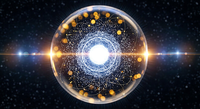 A glowing atom with electrons orbiting around the nucleus