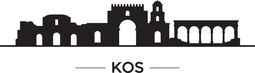 Fototapeta premium Ancient stone structure with arches and columns, line art silhouette graphic with text