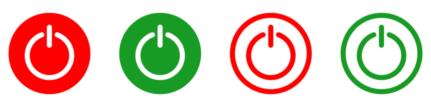 Set of colorful power button icons in circular frames. Red and green on and off symbols in line and filled styles. Vector illustration.