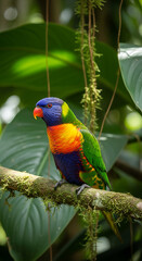 Naklejka premium Colorful Rainbow Lorikeet Parrot Perched on a Branch in Lush Greenery.