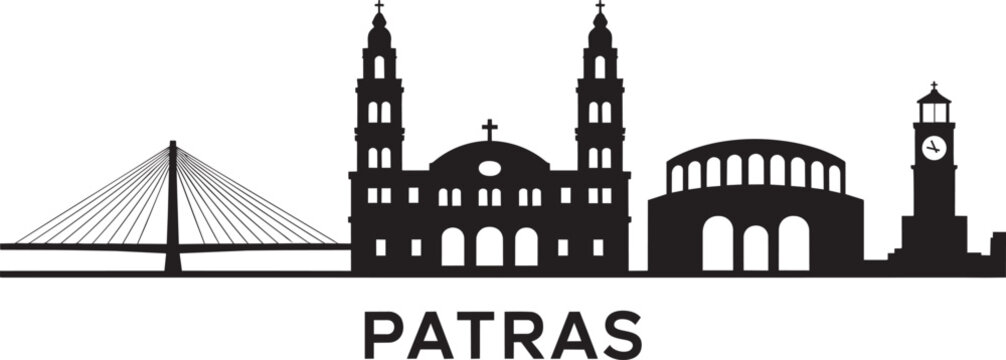 Cityscape silhouette of Patras, Greece, featuring prominent landmarks in a monochrome design