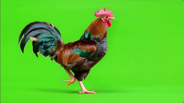 Rooster Walking on Green Screen Chroma Key Background, Farm Chicken Side