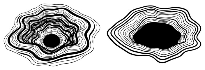 Deep topographic craters with wavy concentric lines representing depth in abstract black and white style © AdrianGebert