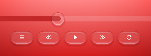 Media player interface with liquid glass morphism buttons and progress bar on red background. Digital UI elements for video playback application. Innovative mobile app design concept. © hiten666