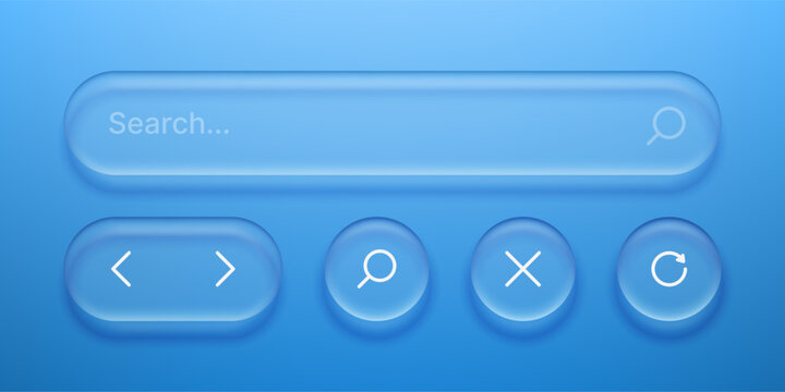 Search bar and UI buttons in liquid glass morphism style. Modern web interface elements with frosted transparency effect. Digital design toolkit for website and application development.