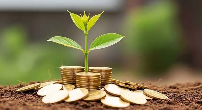 Small green plant sprouting from a stack of shiny gold coins in rich soil, symbolizing financial growth, successful investment, and sustainable wealth creation in a natural setting