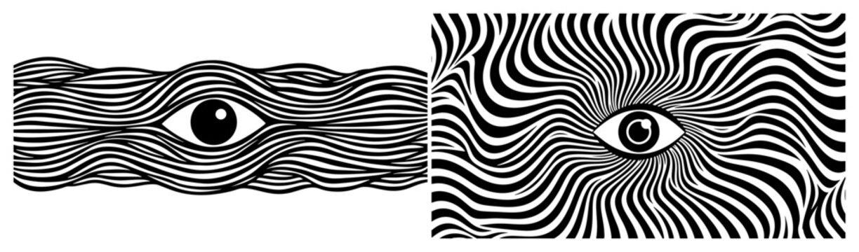 Eye surrounded by psychedelic wavy lines and hypnotic patterns in graphic style