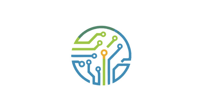 Abstract circular circuit board design with green and blue lines representing technology and connectivity.