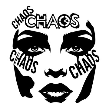 Womans face with chaos text pattern in bold high contrast graphic style