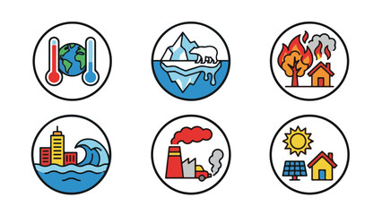 Fototapeta premium Environmental Crisis and Climate Change Badge Icons with Polar Bear, Wildfire, and Factory Emissions