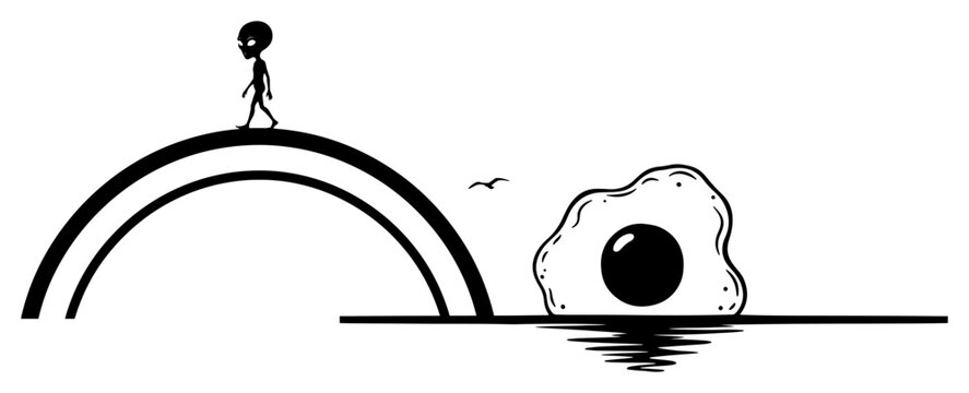 Small alien silhouette walking on arch next to giant fried egg in surreal conceptual style