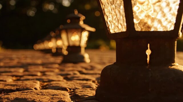 Rustic Outdoor Lanterns Line a Cobblestone Path Bathed in Golden Hour Sunlight Creating a Warm Inviting Atmosphere