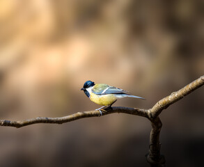 Fototapeta premium Great tit bird Parus major perched on branch natural blurred background