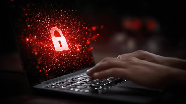 Cybersecurity breach concept, glowing red padlock symbol, digital threat, data protection, network vulnerability, zero trust, system access security, online risk management