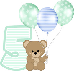 Naklejka premium Adorable teddy Bear Girl with number 5 for Birthday Party