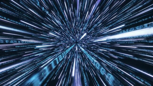 Abstract digital tunnel with binary code and light streaks.