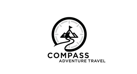 Fototapeta premium Minimalist Compass Adventure Travel Logo Depicting Mountains, Road, and Flag Design
