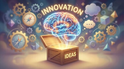 Fototapeta premium Abstract glowing brain emerges from an open wooden box with the word ideas illuminating a creative concept surrounded by gears and compasses symbolizing innovation