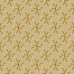 Seamless luxury geometric pattern of overlapping golden circles arranged in a repeating grid on a beige background © paultarasenko